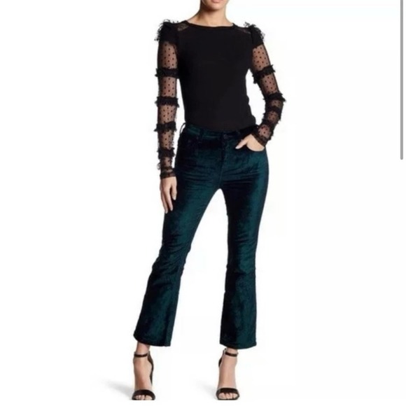 Free People Denim - Free People Size 27 Green Velvet Crop Flare Jeans Pants Contrast Leg Holiday NEW
